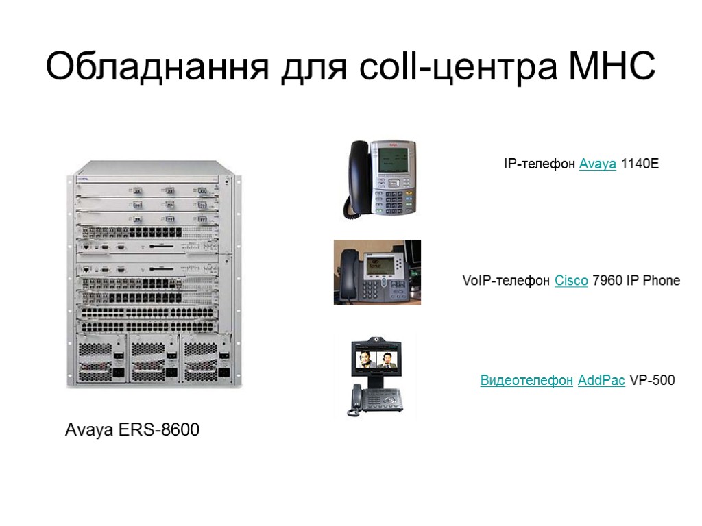 Обладнання для сoll-центра МНС IP-телефон Avaya 1140E VoIP-телефон Cisco 7960 IP Phone Видеотелефон AddPac